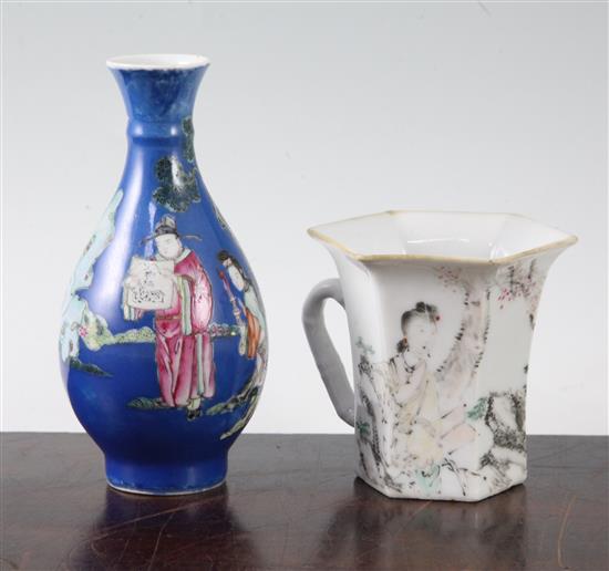 A Chinese blue ground famille rose bottle vase and a mug, c.1900-10, 18.5cm